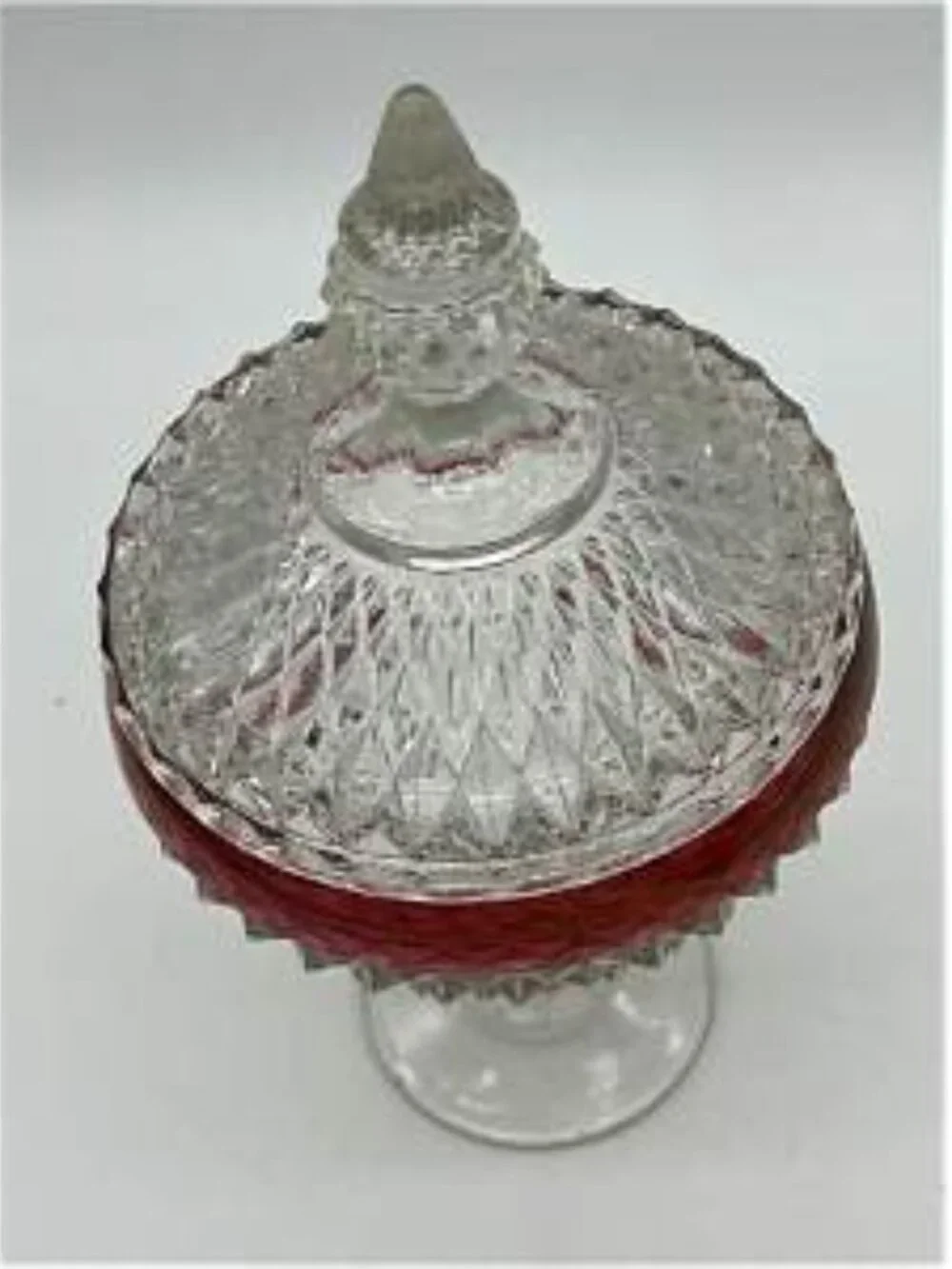 VTG Indiana Glass Clear & Cranberry Diamond Point Pedestal Lidded Candy Dish
